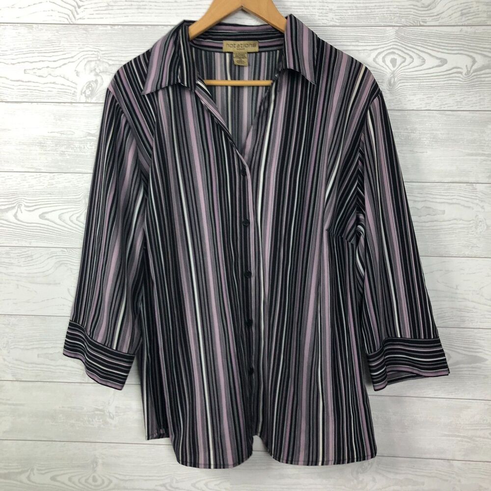 Notations Women's Size 2X Striped Button Front Shirt Collared 3/4 Sleeve Blouse